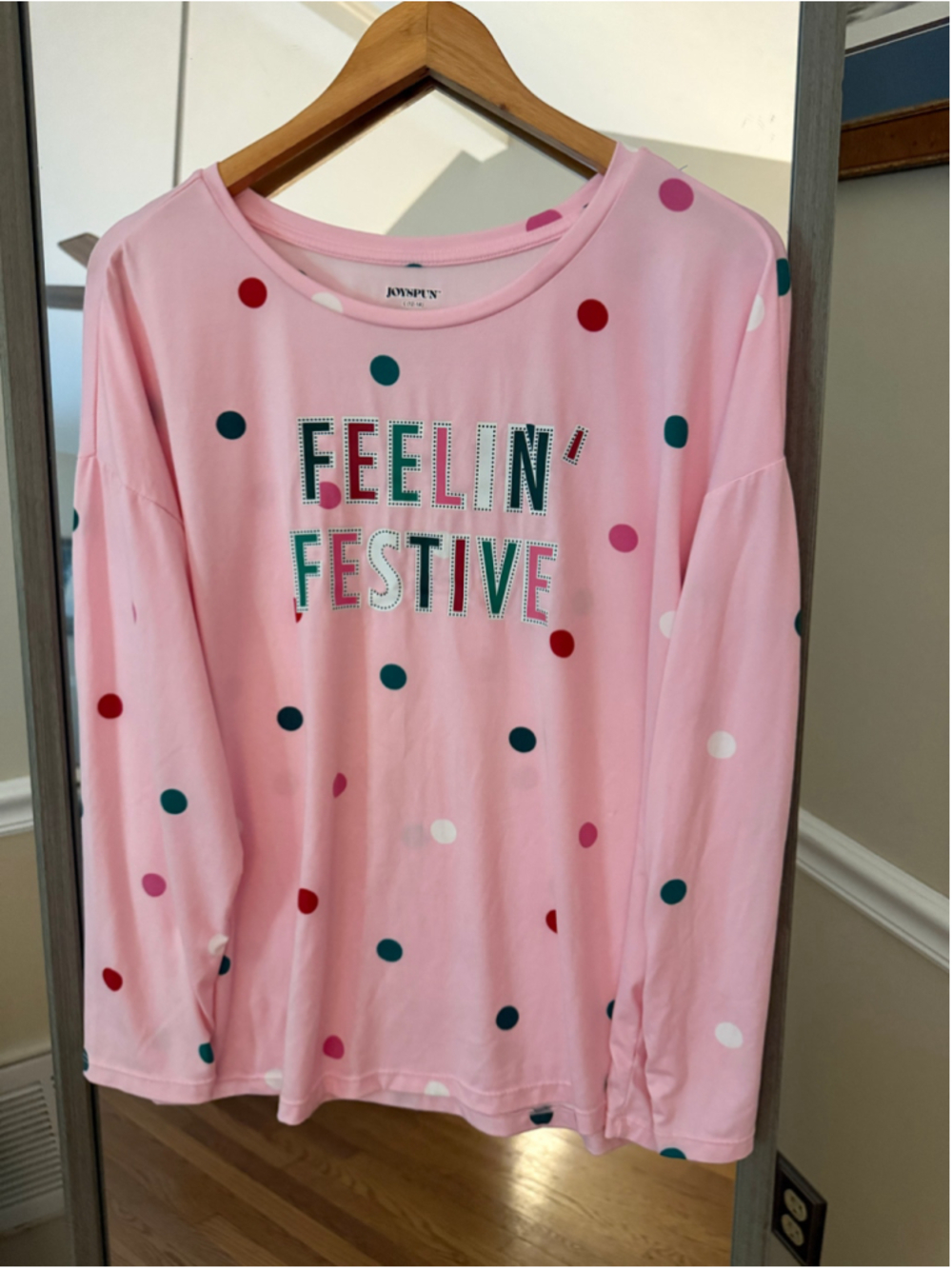 Women's Joyspun Feelin' Festive Pajama Top, Size L, Pink Multi-color